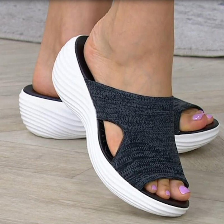 Women’s Slip-On Sandals – Soft Knit Upper – Cushioned Sole – Breathable Casual Fit