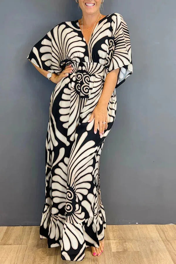 Women's Jumpsuit - Wide-Leg Relaxed Fit - Deep V-Neck - Long Bell Sleeves - Lightweight