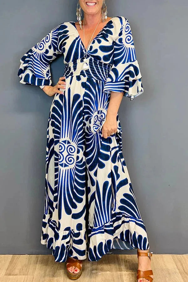 Women's Jumpsuit - Wide-Leg Relaxed Fit - Deep V-Neck - Long Bell Sleeves - Lightweight