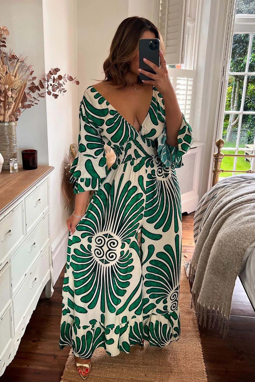 Women's Jumpsuit - Wide-Leg Relaxed Fit - Deep V-Neck - Long Bell Sleeves - Lightweight