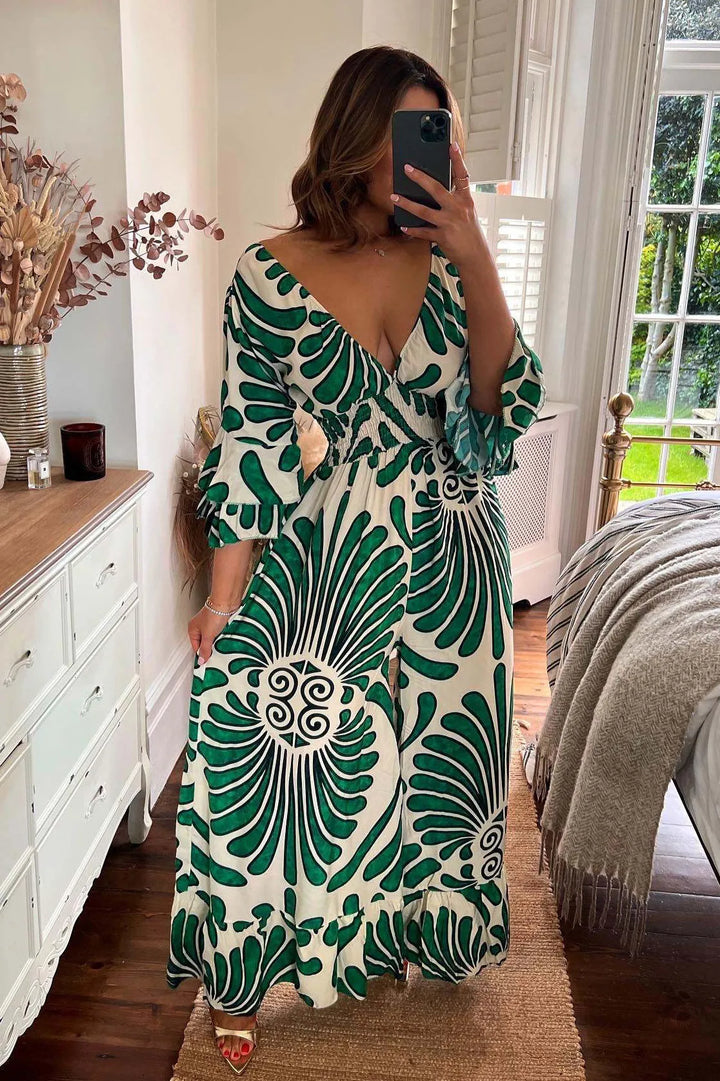 Women's Jumpsuit - Wide-Leg Relaxed Fit - Deep V-Neck - Long Bell Sleeves - Lightweight