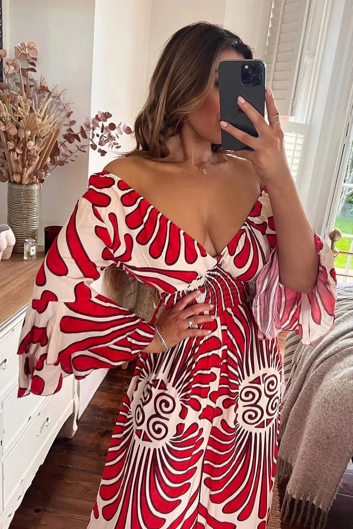 Women's Jumpsuit - Wide-Leg Relaxed Fit - Deep V-Neck - Long Bell Sleeves - Lightweight