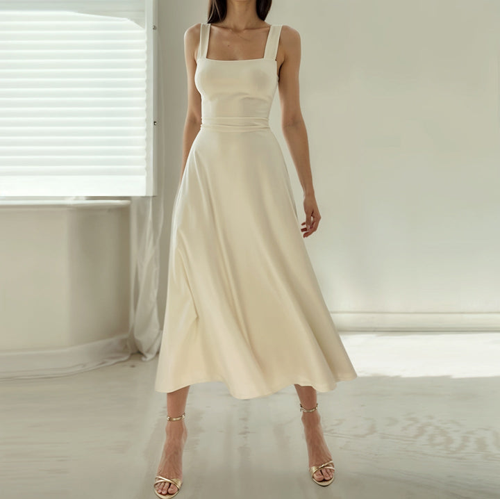Women’s Midi Dress - Slim Fit Bodice - Flared Silhouette - Square Neck
