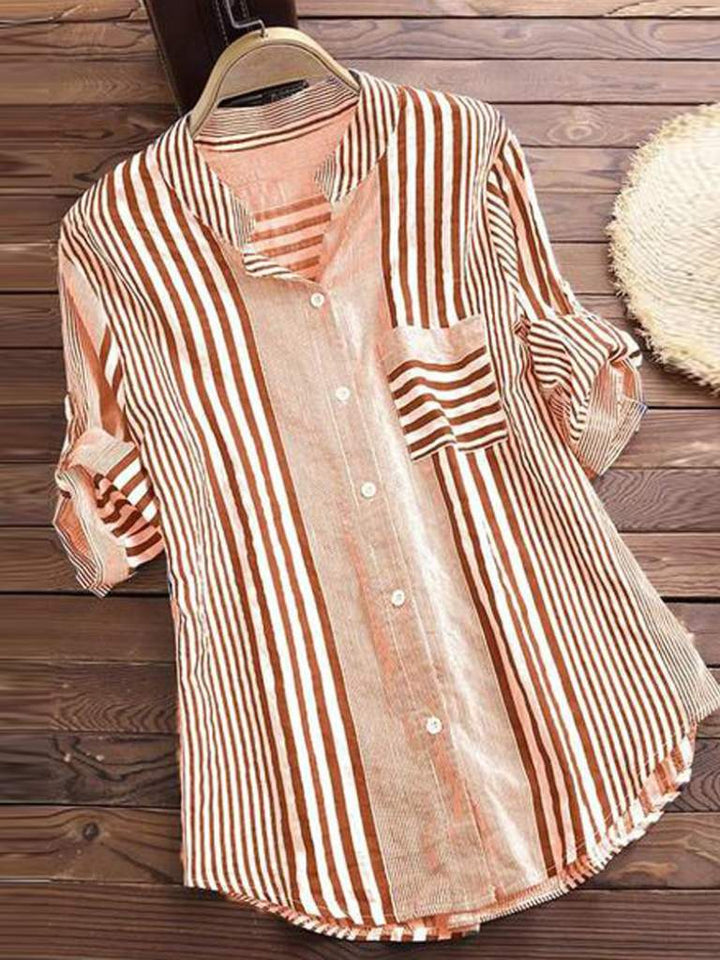 Women’s Blouse – Relaxed Fit – Striped Pattern – Long Sleeve – Button Front – Breathable Blend