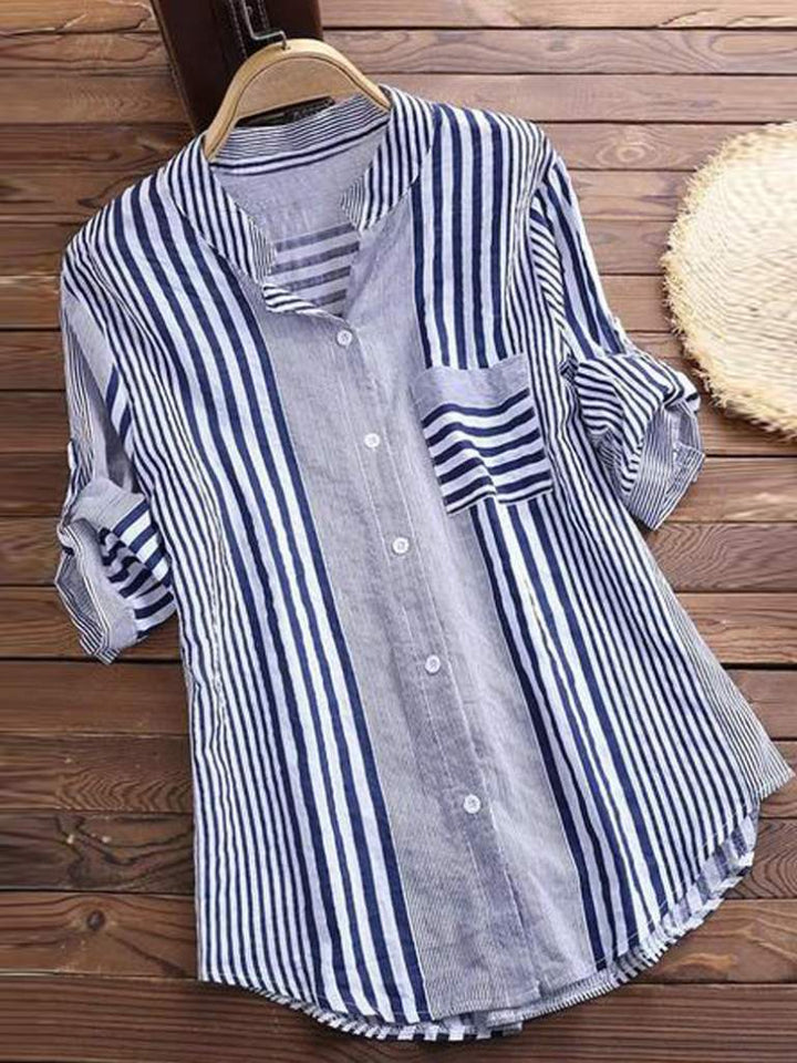 Women’s Blouse – Relaxed Fit – Striped Pattern – Long Sleeve – Button Front – Breathable Blend