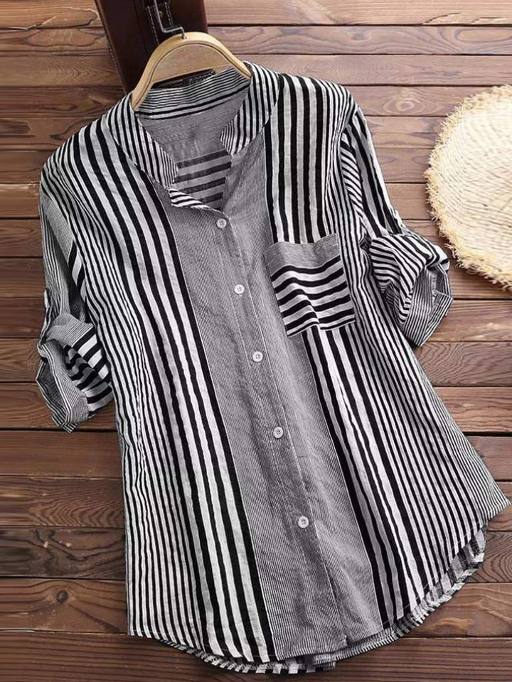 Women’s Blouse – Relaxed Fit – Striped Pattern – Long Sleeve – Button Front – Breathable Blend