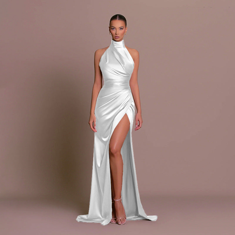 Women's Evening Gown - Halter Neck - Silky Fabric - Fitted Bodice - High Slit Elegant Dress