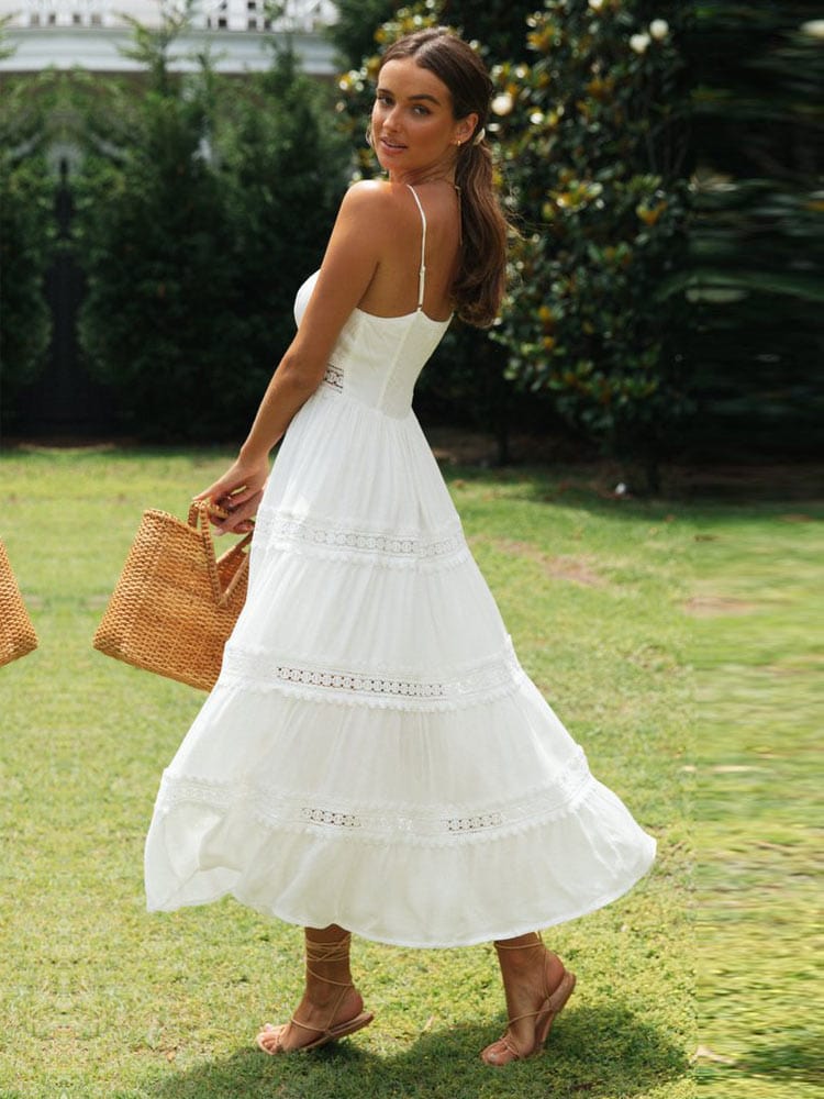 Women's Maxi Sundress - Tiered Flowy Design - Lace Trim - Spaghetti Straps Lightweight