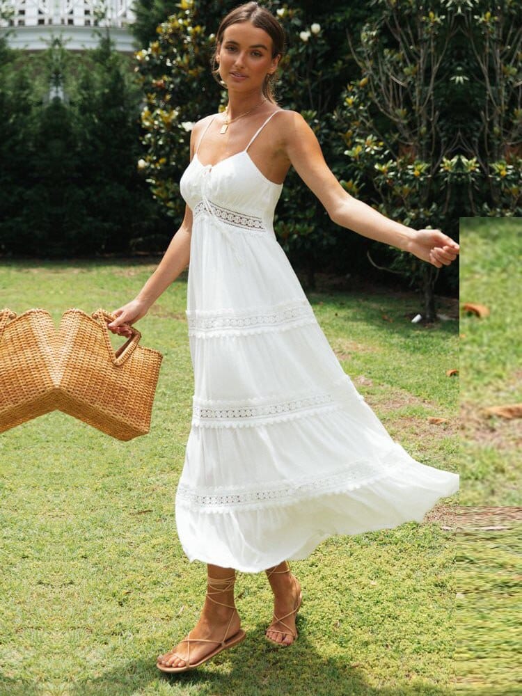 Women's Maxi Sundress - Tiered Flowy Design - Lace Trim - Spaghetti Straps Lightweight