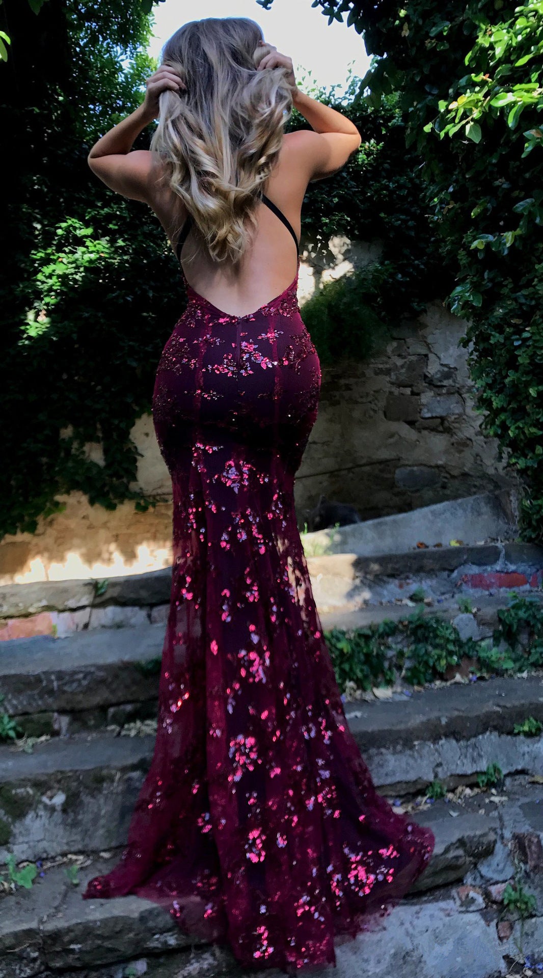 Women's Evening Gown - Sequin Embellished - Mermaid Silhouette - Deep V-Neck - Spaghetti Straps
