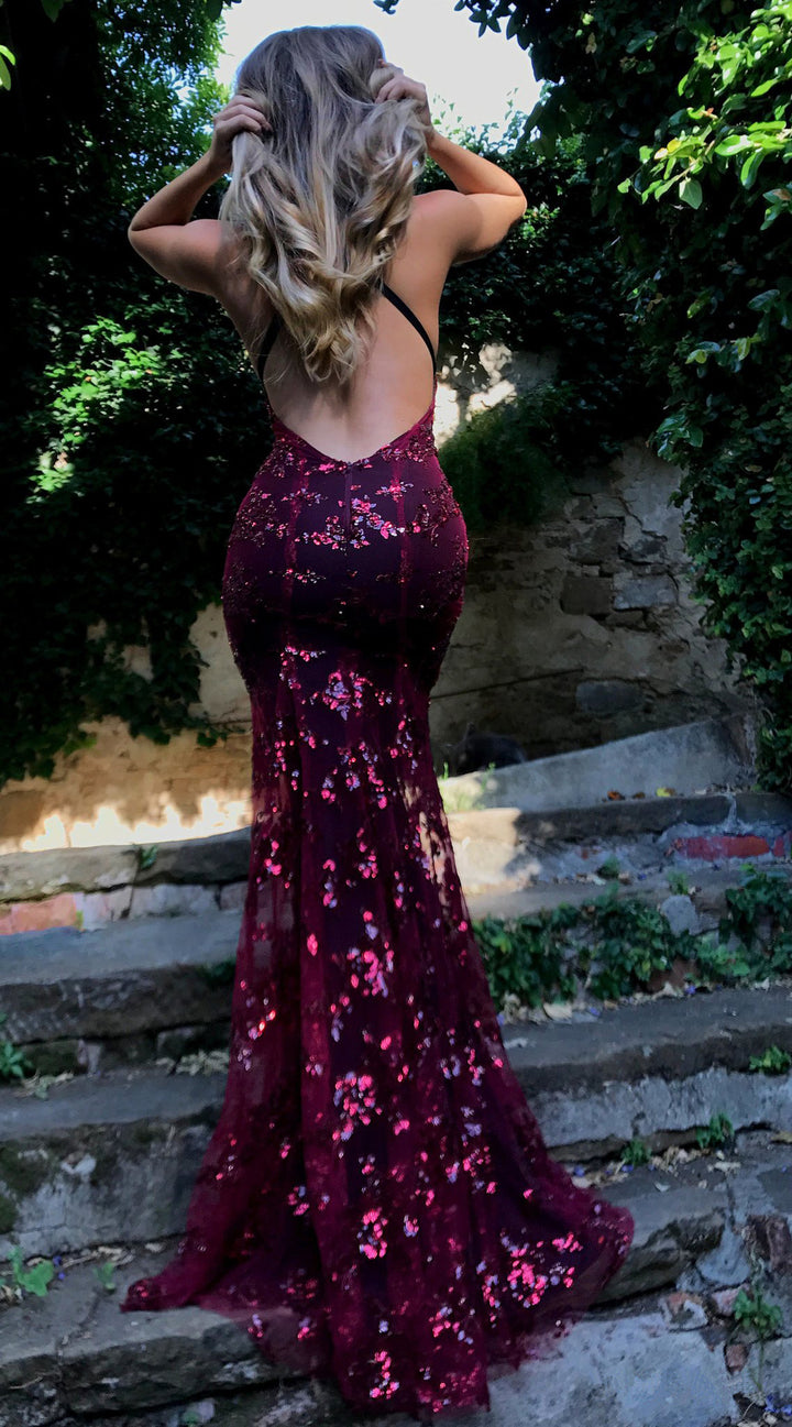 Women's Evening Gown - Sequin Embellished - Mermaid Silhouette - Deep V-Neck - Spaghetti Straps