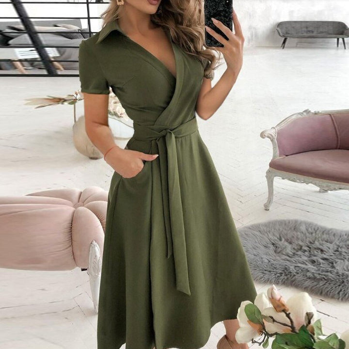 Women’s Midi Dress – Wrap Style – Belted Waist – A-Line Fit – Short Sleeve – Soft Fabric