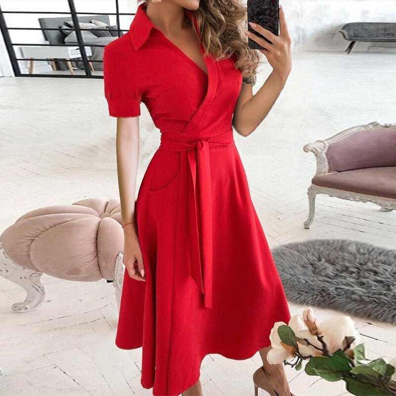 Women’s Midi Dress – Wrap Style – Belted Waist – A-Line Fit – Short Sleeve – Soft Fabric