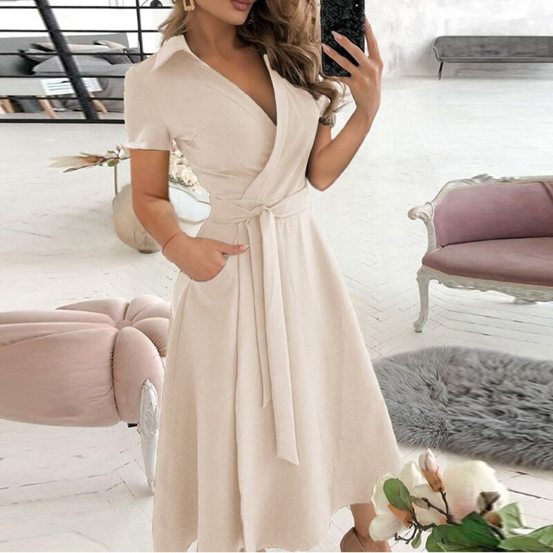 Women’s Midi Dress – Wrap Style – Belted Waist – A-Line Fit – Short Sleeve – Soft Fabric
