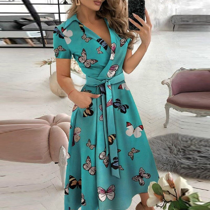 Women’s Midi Dress – Wrap Style – Belted Waist – A-Line Fit – Short Sleeve – Soft Fabric