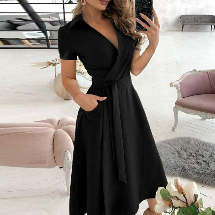 Women’s Midi Dress – Wrap Style – Belted Waist – A-Line Fit – Short Sleeve – Soft Fabric