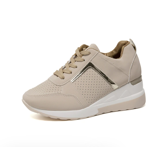 Women’s Wedge Sneakers – Perforated Detailing – Lace-Up – Platform Sole – Casual Comfort