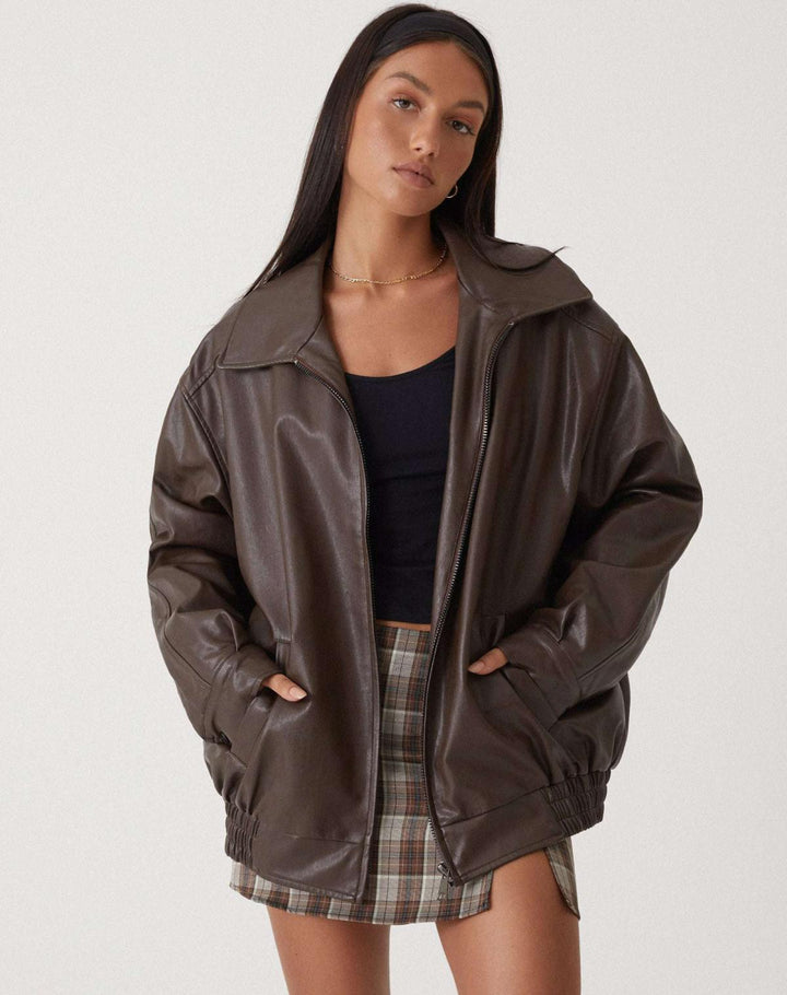 Women’s Leather Jacket - Oversized Fit - Zipper Front - Hip Length Casual Outerwear