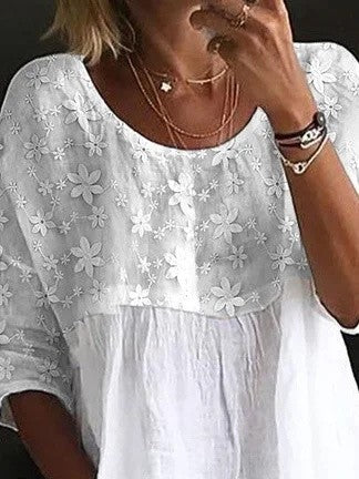 Women’s Loose Fit Shirt – Lace Embroidery – Crew Neck – Breathable Natural Fibers