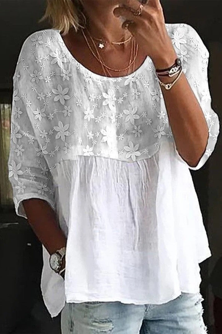 Women’s Loose Fit Shirt – Lace Embroidery – Crew Neck – Breathable Natural Fibers