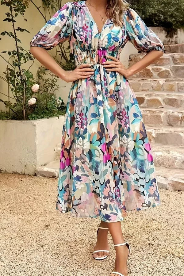 Women’s Midi Dress - Breathable Blend - Flowy Fit - V-Neck - Puff Sleeve - Floral Pattern