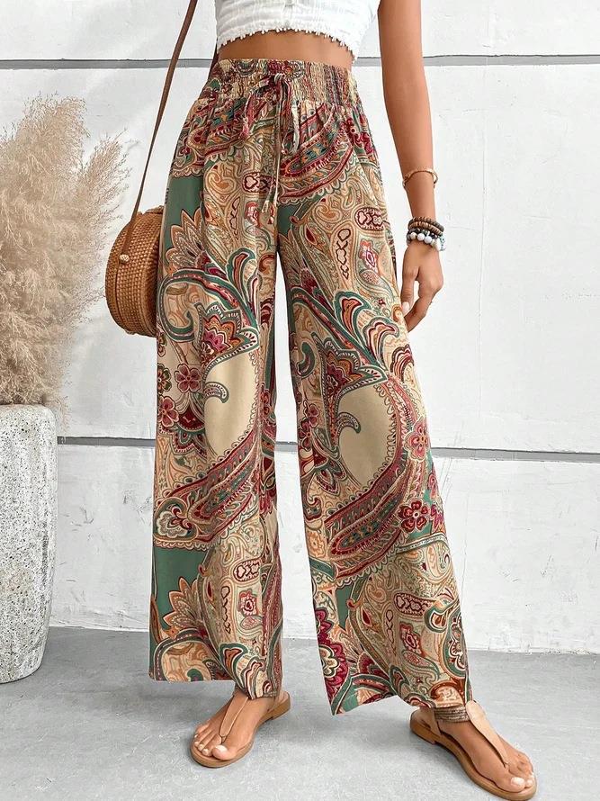Women’s Wide-Leg Pants – Bohemian Print – High Waist – Tie Belt – Lightweight Fit