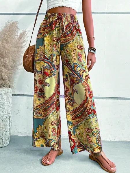 Women’s Wide-Leg Pants – Bohemian Print – High Waist – Tie Belt – Lightweight Fit