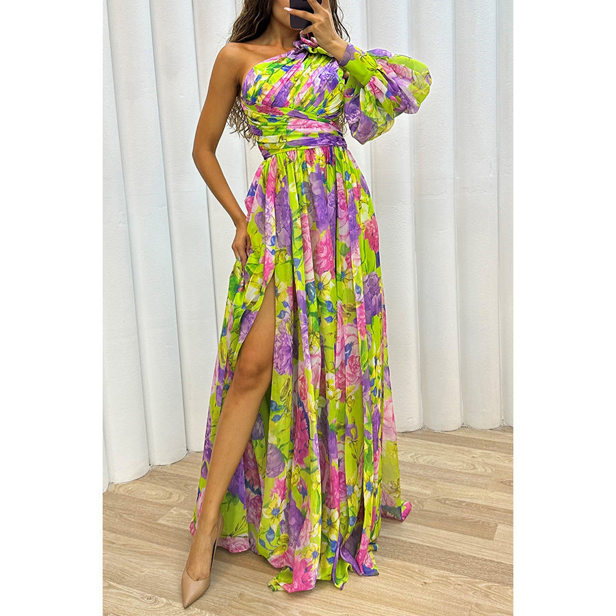 Women's One-Shoulder Gown - Floral Print - Ruffled Sleeve - Thigh-High Slit - Elegant Fit