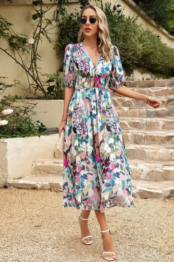 Women’s Midi Dress - Breathable Blend - Flowy Fit - V-Neck - Puff Sleeve - Floral Pattern