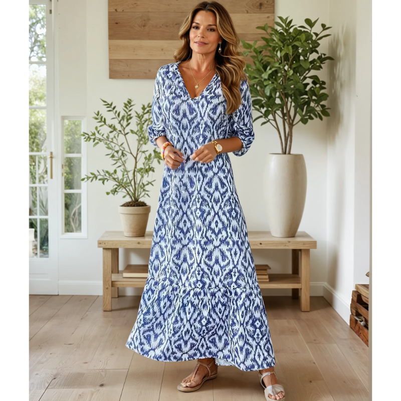Women’s Maxi Dress – Flowing Fit – V-Neck – Short Sleeve – Boho Tassel Detail – Breathable Blend