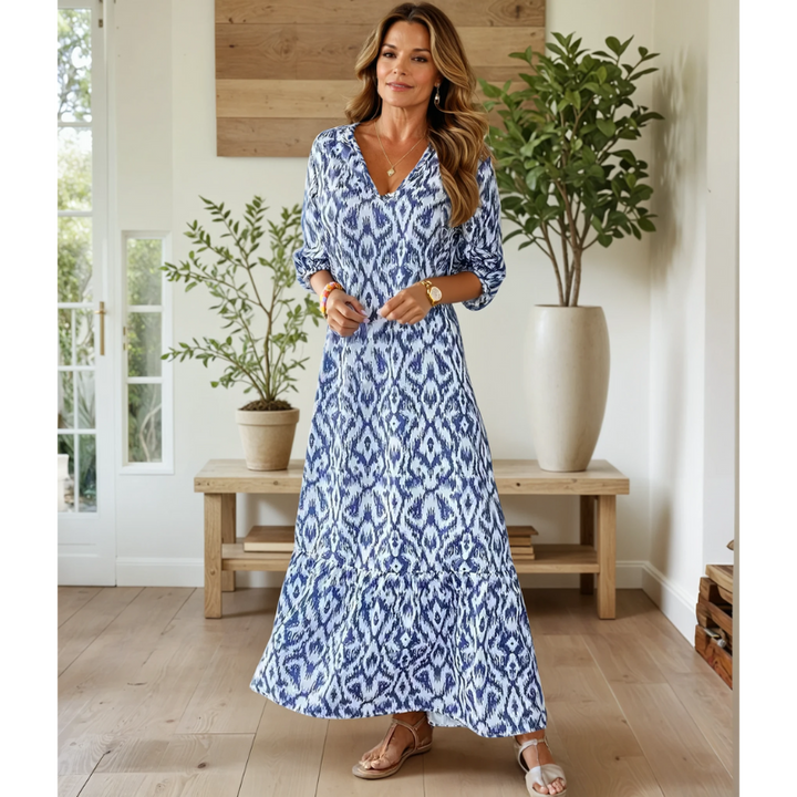 Women’s Maxi Dress – Flowing Fit – V-Neck – Short Sleeve – Boho Tassel Detail – Breathable Blend