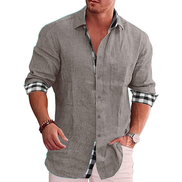 Men’s Button-Up Shirt – Tailored Fit – Long Sleeve – Natural Fibers – Checked Accents