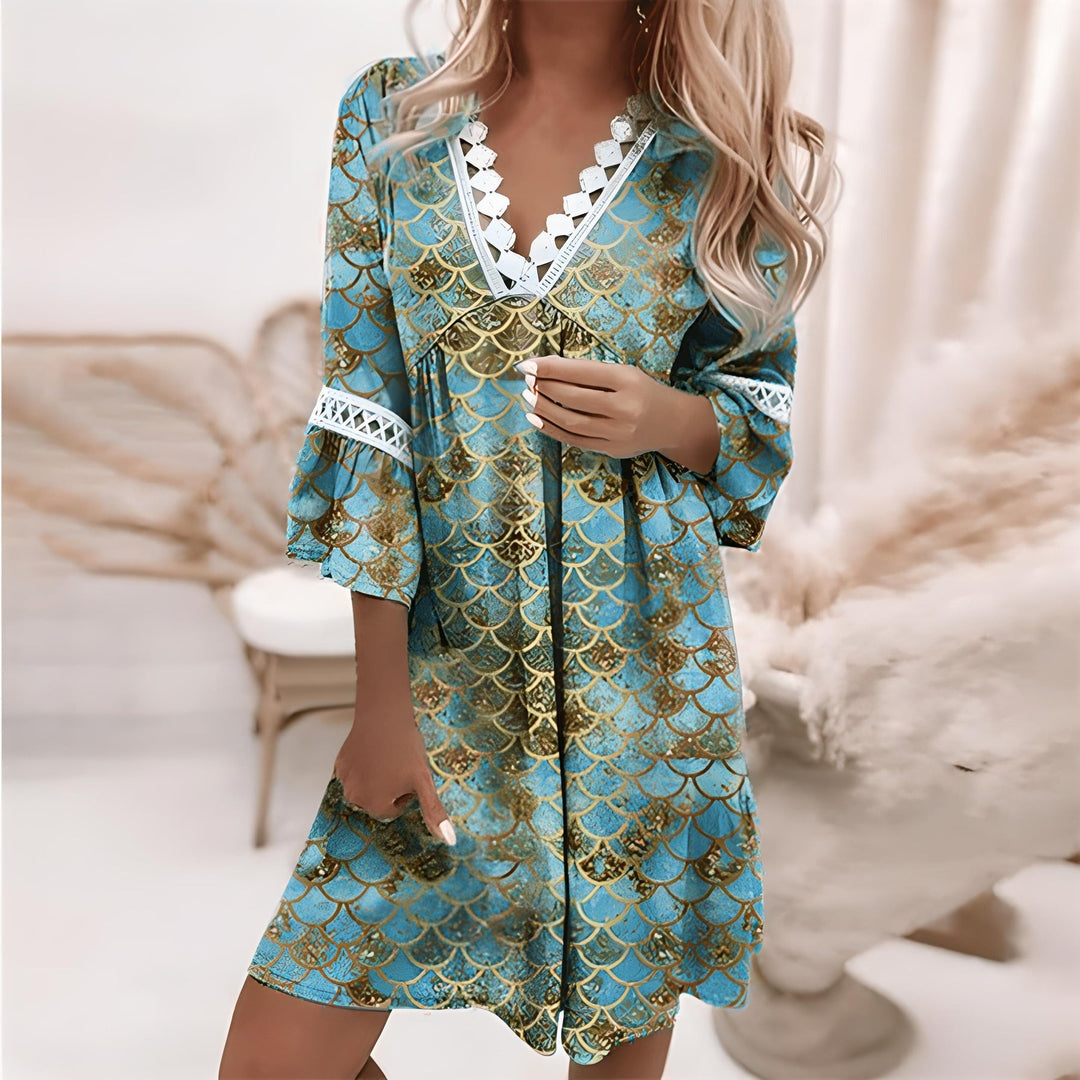 Women’s Mini Dress - Relaxed Fit - V-Neck with Lace Detail - Flared 3/4 Sleeves - Soft Flowing Fabric