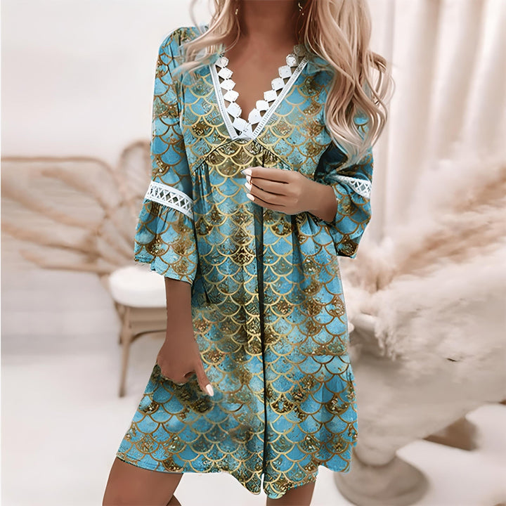 Women’s Mini Dress - Relaxed Fit - V-Neck with Lace Detail - Flared 3/4 Sleeves - Soft Flowing Fabric