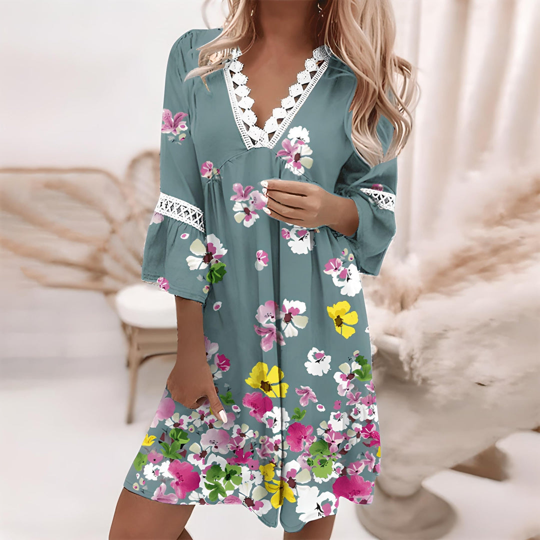 Women’s Mini Dress - Relaxed Fit - V-Neck with Lace Detail - Flared 3/4 Sleeves - Soft Flowing Fabric