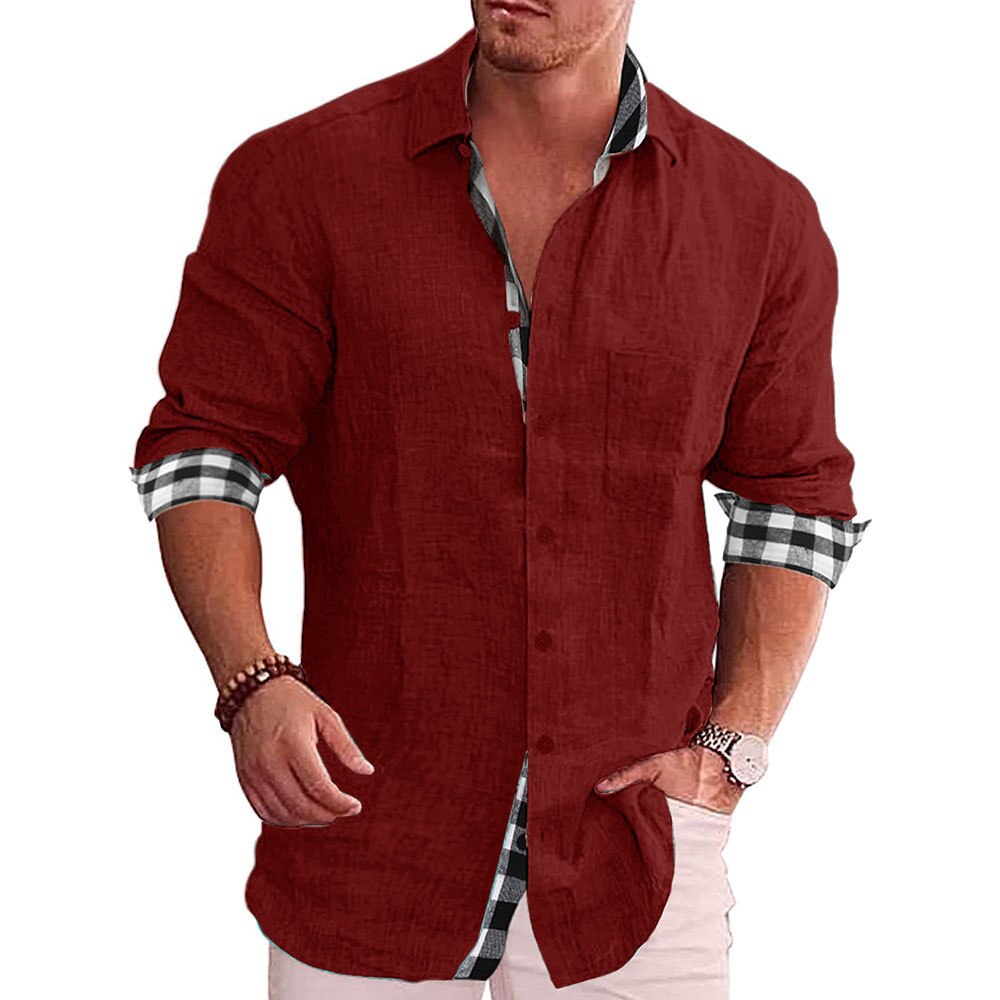 Men’s Button-Up Shirt – Tailored Fit – Long Sleeve – Natural Fibers – Checked Accents