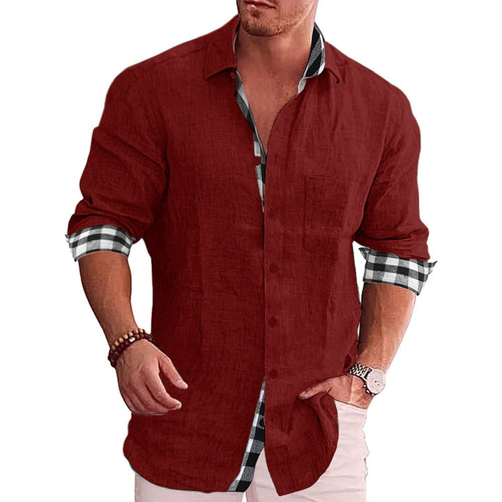 Men’s Button-Up Shirt – Tailored Fit – Long Sleeve – Natural Fibers – Checked Accents